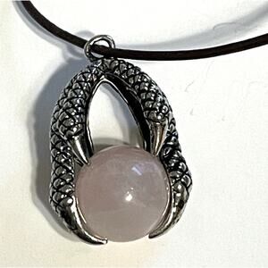 Rose Quartz Gem Necklace Womens Silver Claw Pendant with Brown Cord Adjustable